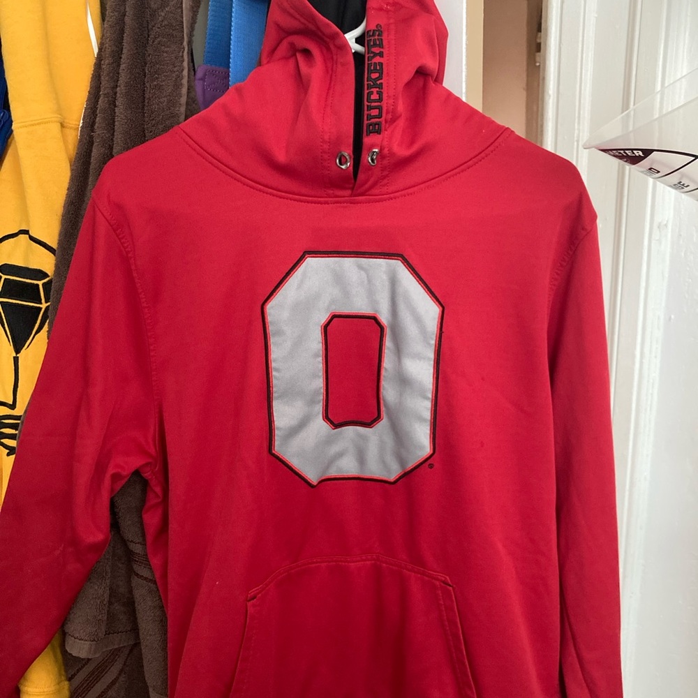 Red, Ohio state sweater, warm, cozy, comfortable